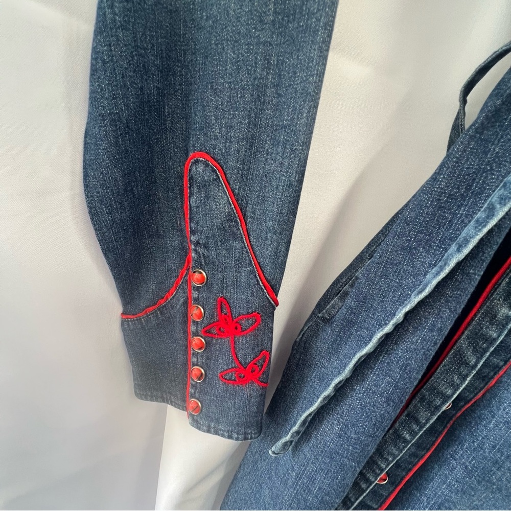 TASHA POLIZZI Luciella denim shirtdress w/snap buttons , pockets , tie belt red - Picture 3 of 8